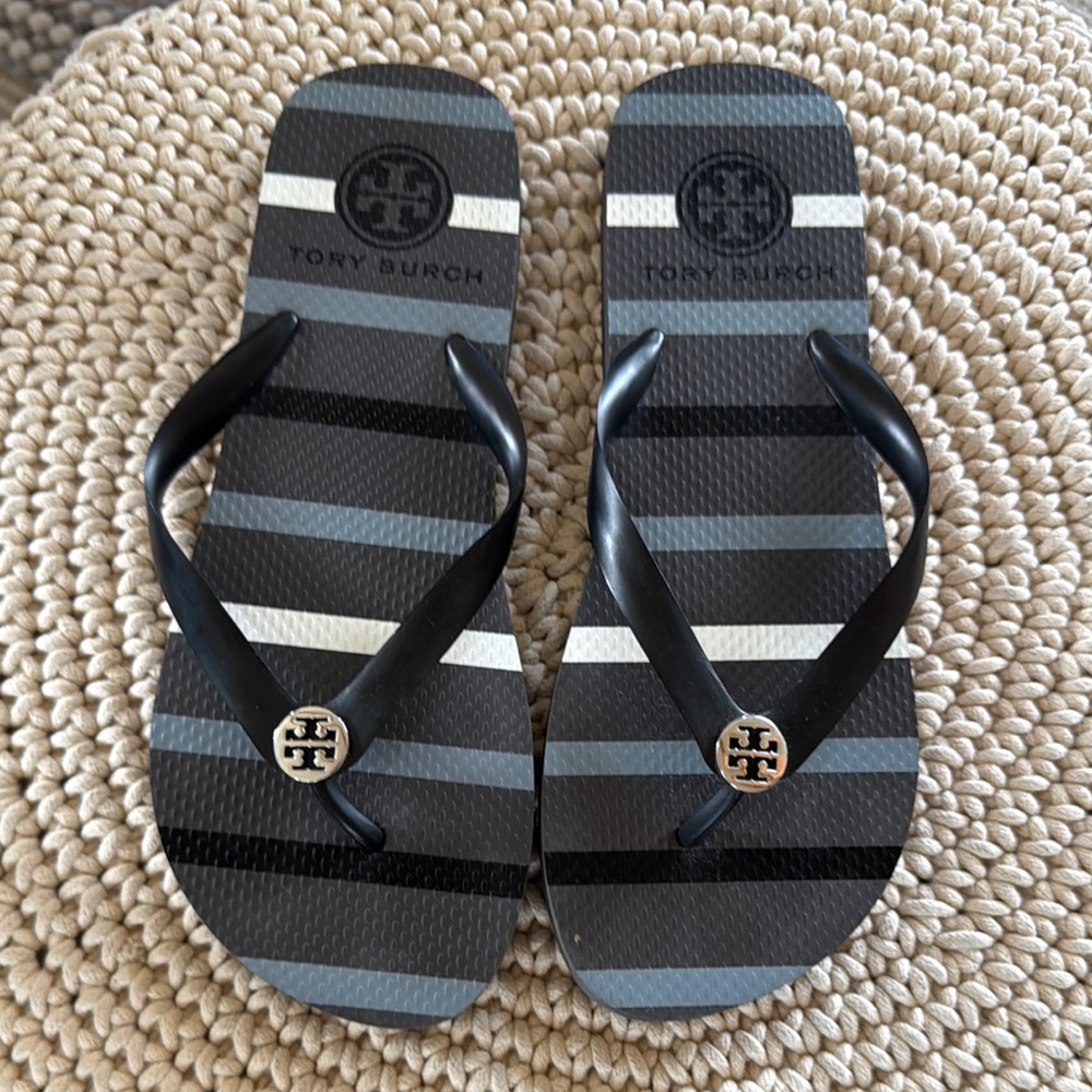 Tory Burch Black and Gray Flip Flops